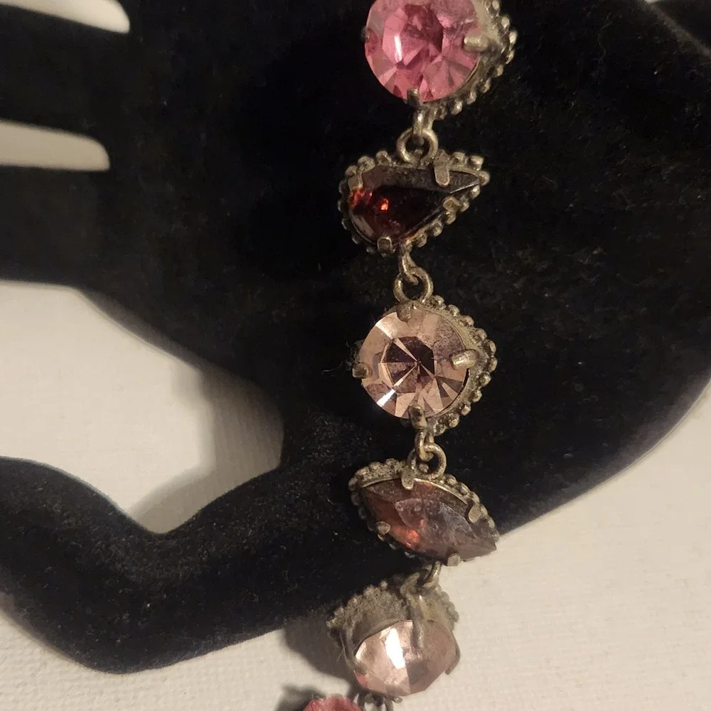 Vintage Style Pink purple Rhinestone Toggle Link Bracelet‎ Antiqued Silver Tone
